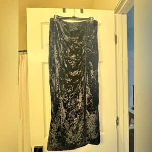 Endless Rose Crushed Black Velvet Front Slit Midi Skirt